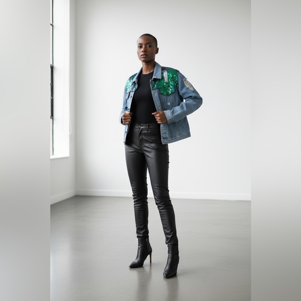 Boohoo Blue Jean Jacket with Green Sequin Accents
